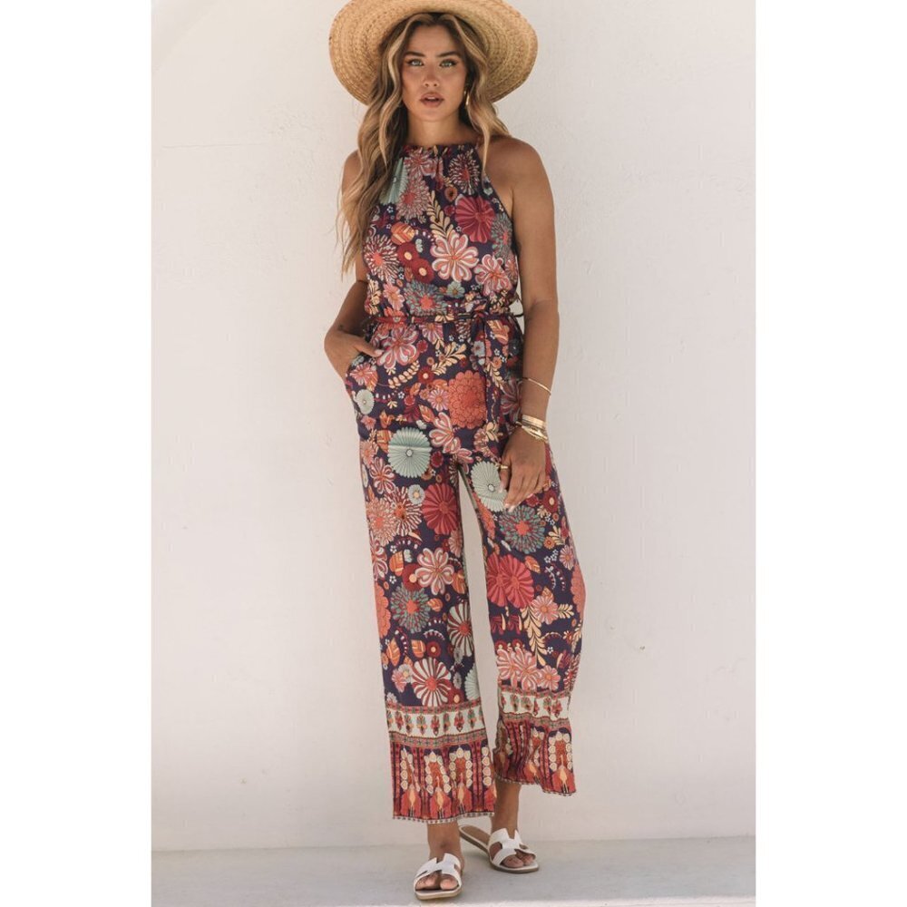 New Boutique Spring Drop: Purple Floral Print Frill Halterneck Wide Leg Jumpsuit